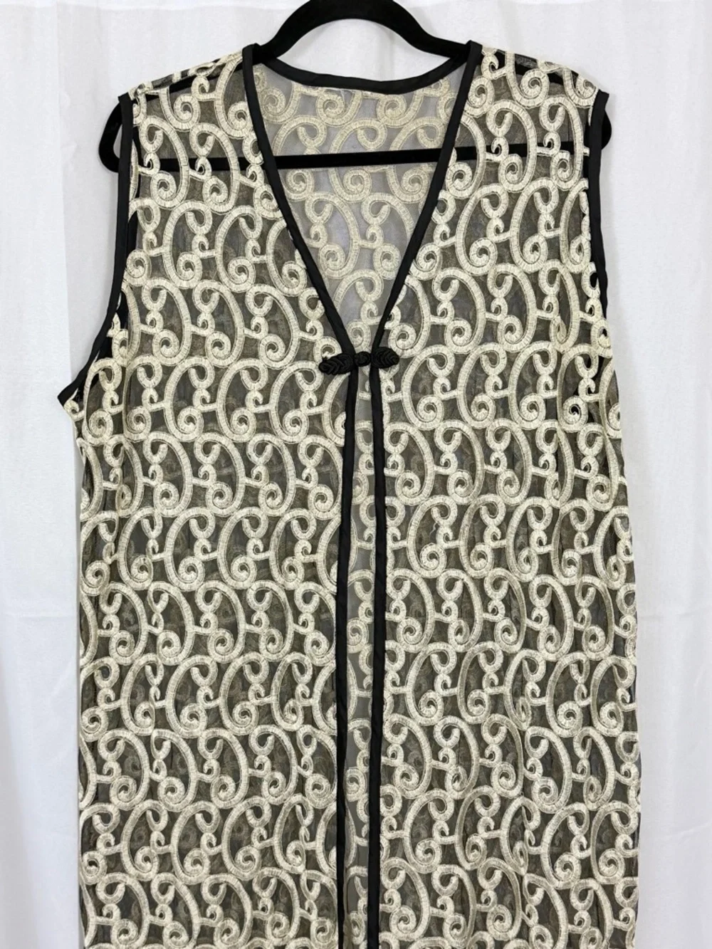 Vintage Black Sheer Maxi Vest/Duster w/ Cream Embroidered Swirl Lace Overlay XL - Picture 3 of 7